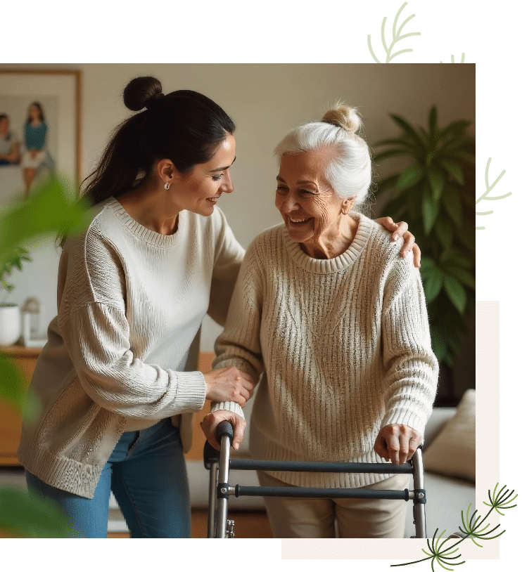 Woman Helping Senior WOman with a Walker